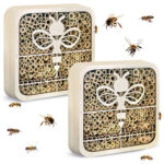 2er-Set Insektenhotel „Biene“, kinderfreundlich, Naturholz, 20 x 20 x 7 cm
