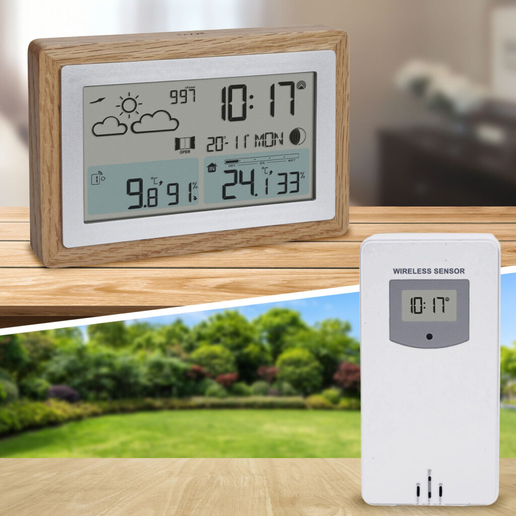 Funk-Wetterstation mit edlem Eichenholzrahmen, inkl. Aussensensor und Wettertrends Funk-Wetterstation mit edlem Eichenholzrahmen, inkl. Aussensensor und Wettertrends