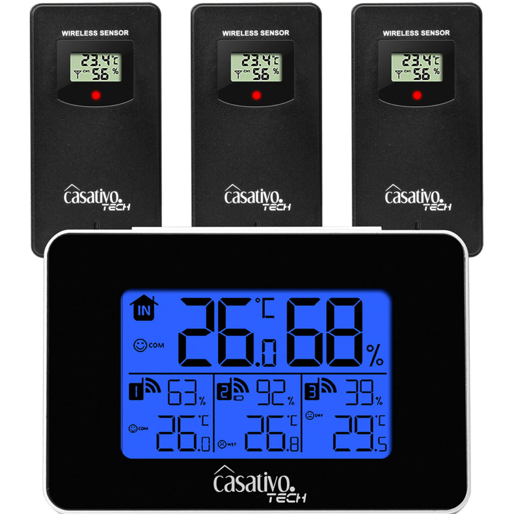 Funk-Wetterstation mit 3 Funksensoren, Hygrometer, LCD-Display Funk-Wetterstation mit 3 Funksensoren, Hygrometer, LCD-Display