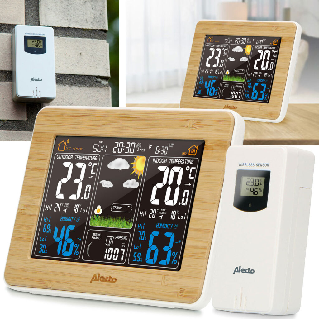 Wetterstation mit kabellosem Aussensensor bis 100 m, beleuchtetes Display mit Bambusrahmen Wetterstation mit kabellosem Aussensensor bis 100 m, beleuchtetes Display mit Bambusrahmen