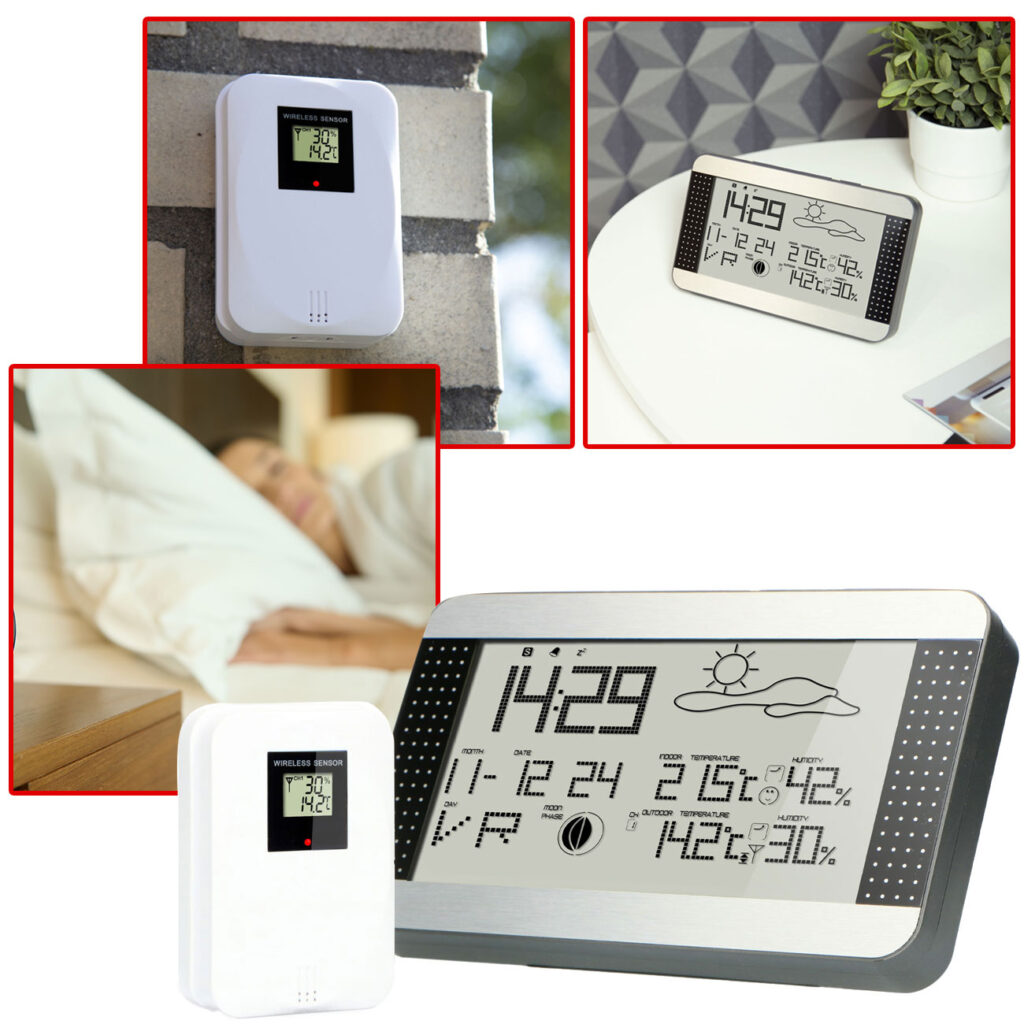 Wetterstation, kabelloser Aussensensor bis 30 m, mit Wettervorhersage, Mondphase, Wecker Wetterstation, kabelloser Aussensensor bis 30 m, mit Wettervorhersage, Mondphase, Wecker
