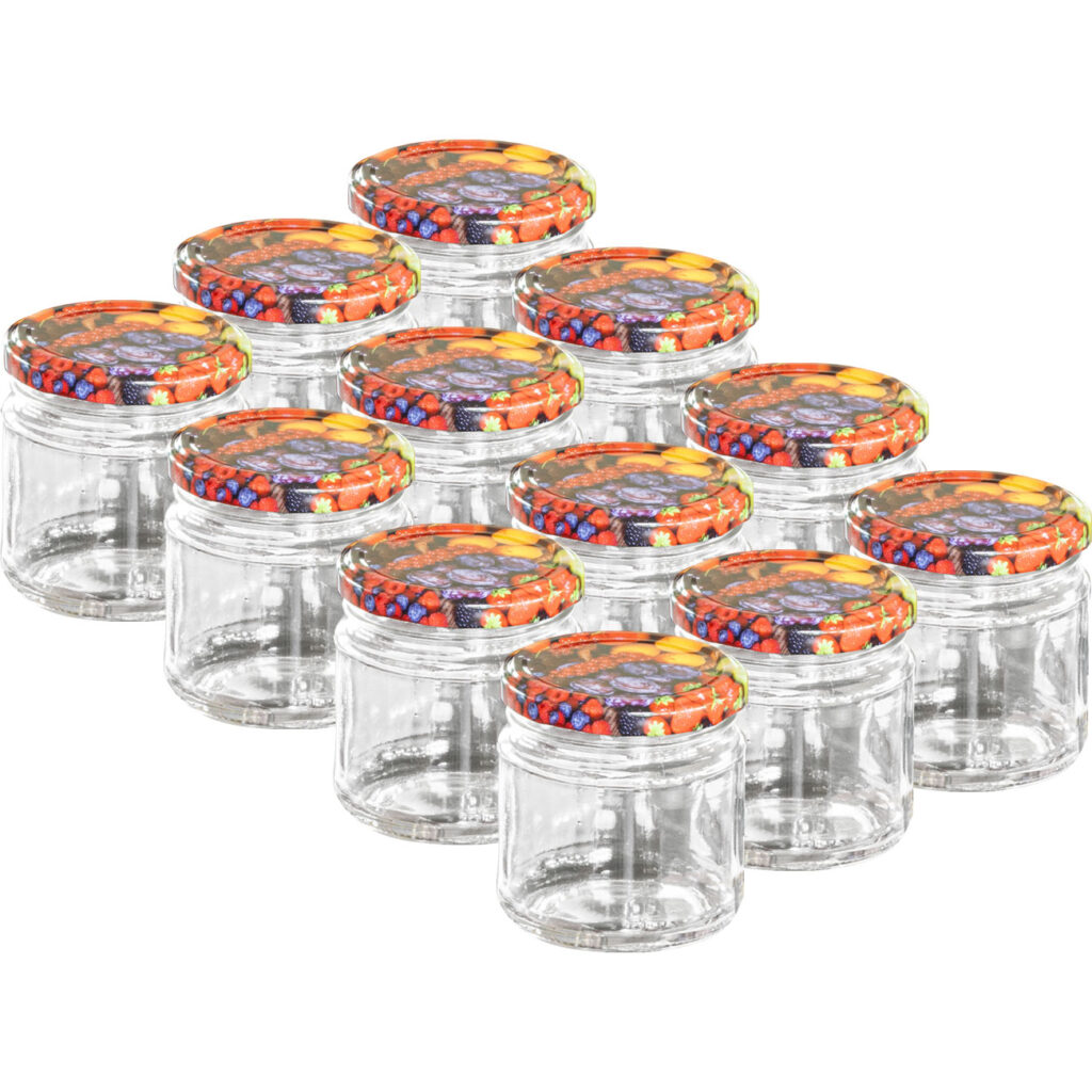 12 Einmachgläser mit Schraubdeckel, Sturzgläser mit Früchte-Muster, je 210 ml 12 Einmachgläser mit Schraubdeckel, Sturzgläser mit Früchte-Muster, je 210 ml