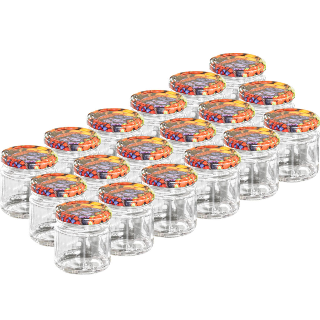 18 Einmachgläser mit Schraubdeckel, Sturzgläser mit Früchte-Muster, je 210 ml 18 Einmachgläser mit Schraubdeckel, Sturzgläser mit Früchte-Muster, je 210 ml