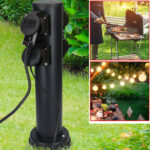 Runde Gartensteckdosensäule aus Stahl mit 4 Steckdosen Typ 13, IP55, schwarz