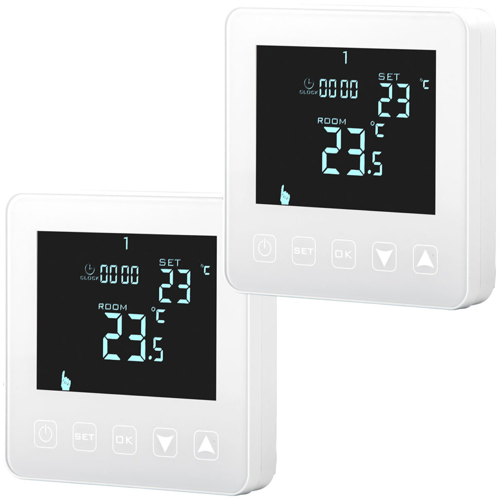 2er-Set Wand Thermostat für Fussbodenheizung, Touch-Tasten, LCD-Display, programmierbar 2er-Set Wand Thermostat für Fussbodenheizung, Touch-Tasten, LCD-Display, programmierbar