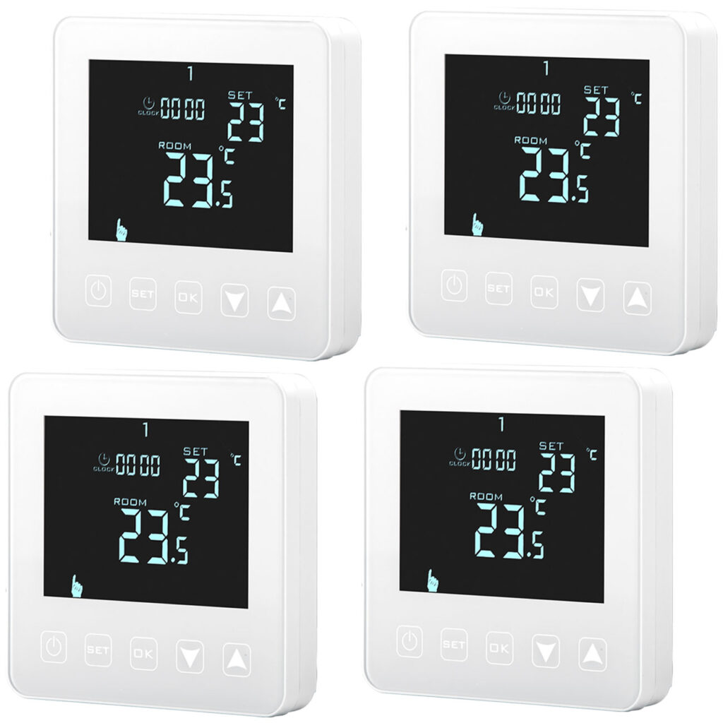 4er-Set Wand Thermostat für Fussbodenheizung, Touch-Tasten, LCD-Display, programmierbar 4er-Set Wand Thermostat für Fussbodenheizung, Touch-Tasten, LCD-Display, programmierbar