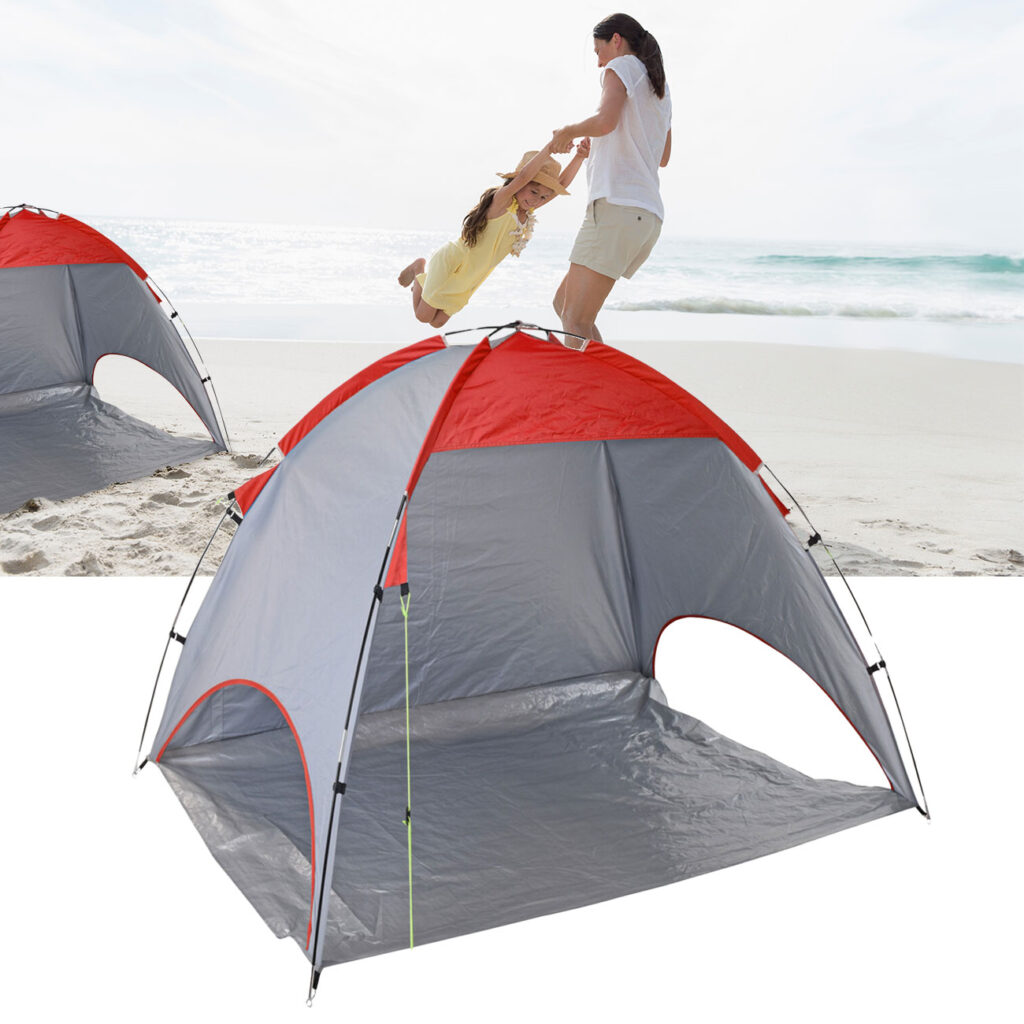 Strandzelt für 2 Personen, inkl. 8 Heringe & 4 Zeltseile, UV50+, rot/grau Strandzelt für 2 Personen, inkl. 8 Heringe & 4 Zeltseile, UV50+, rot/grau