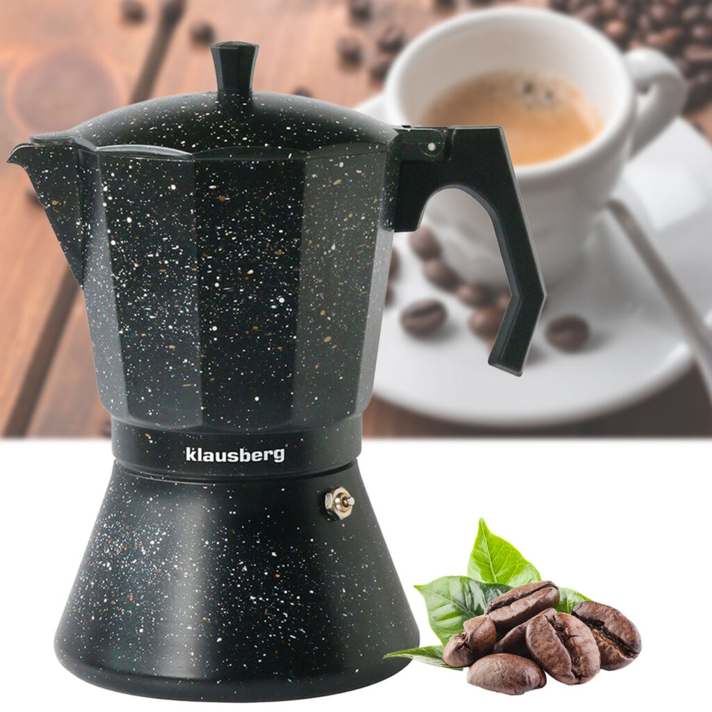 Design Espressokocher, schwarzes Marmor-Design, bis zu 9 Espressotassen Design Espressokocher, schwarzes Marmor-Design, bis zu 9 Espressotassen