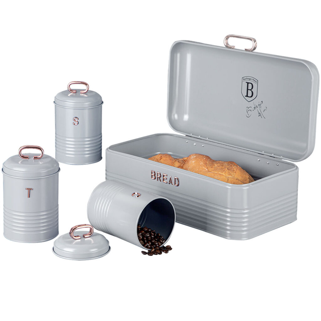 Brotkasten und Küchendosen-Set, grau-roségold
