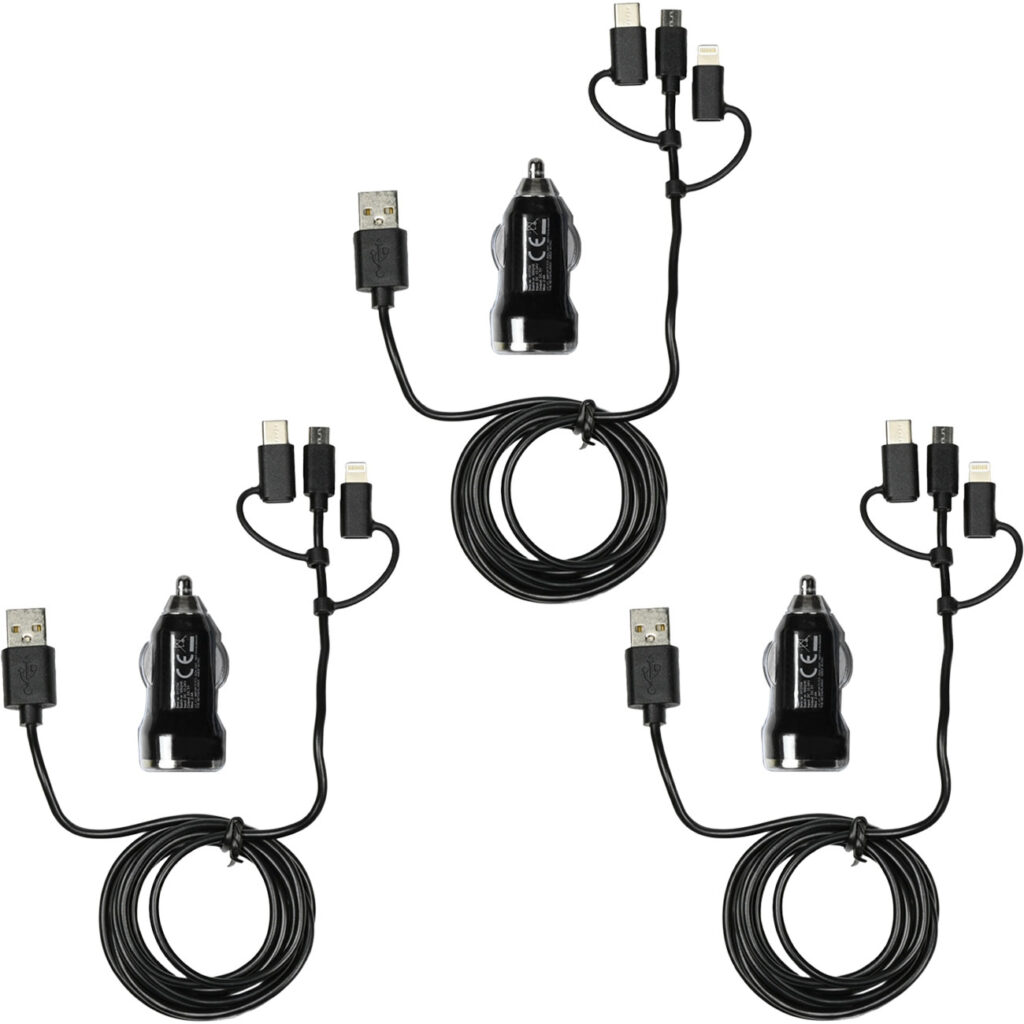 3er-Set 3in1 Kfz-Ladegerät mit USB-C, Micro-USB & Lightning Anschlüssen, schwarz 3er-Set 3in1 Kfz-Ladegerät mit USB-C, Micro-USB & Lightning Anschlüssen, schwarz