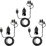 3er-Set 3in1 Kfz-Ladegerät mit USB-C, Micro-USB & Lightning Anschlüssen, schwarz