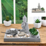Zen-Garten-Set mit Teelichthalter und Buddha-Figur, 9-teilig, rechteckig