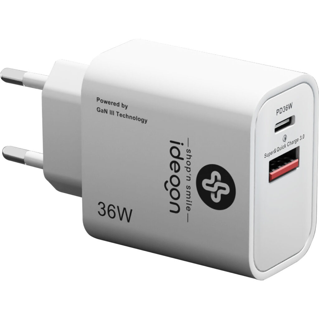 Dual 36Watt USB Ladegerät, 1x USB-C und USB-A, PD- & QC-Netzteil, GaN III, weiss Dual 36Watt USB Ladegerät, 1x USB-C und USB-A, PD- & QC-Netzteil, GaN III, weiss
