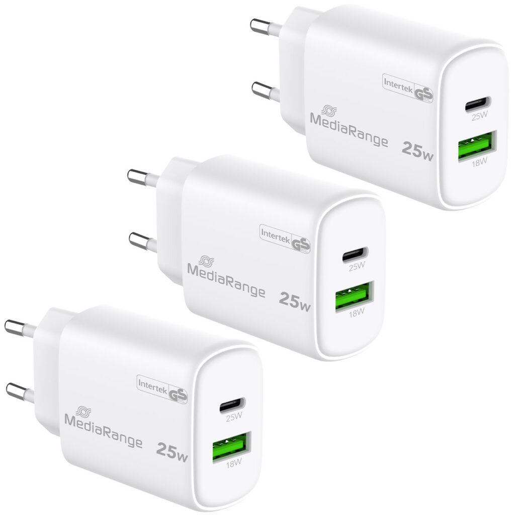 3er-Set Dual Schnellladeadapter, GaN, 1x USB-C und USB-A, PD & QC, 25 Watt, weiss 3er-Set Dual Schnellladeadapter, GaN, 1x USB-C und USB-A, PD & QC, 25 Watt, weiss