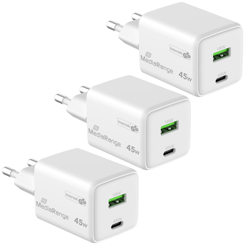 3er-Set Dual Schnellladeadapter, GaN, 1x USB-C und USB-A, PD & QC, 45 Watt, weiss 3er-Set Dual Schnellladeadapter, GaN, 1x USB-C und USB-A, PD & QC, 45 Watt, weiss