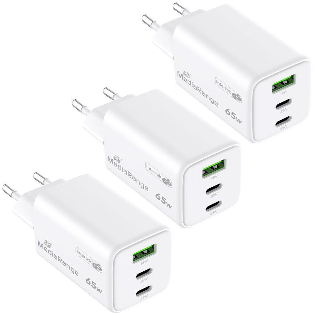 3er-Set Schnellladeadapter, GaN, 2x USB-C und 1x USB-A, PD & QC, 65 Watt, weiss 3er-Set Schnellladeadapter, GaN, 2x USB-C und 1x USB-A, PD & QC, 65 Watt, weiss