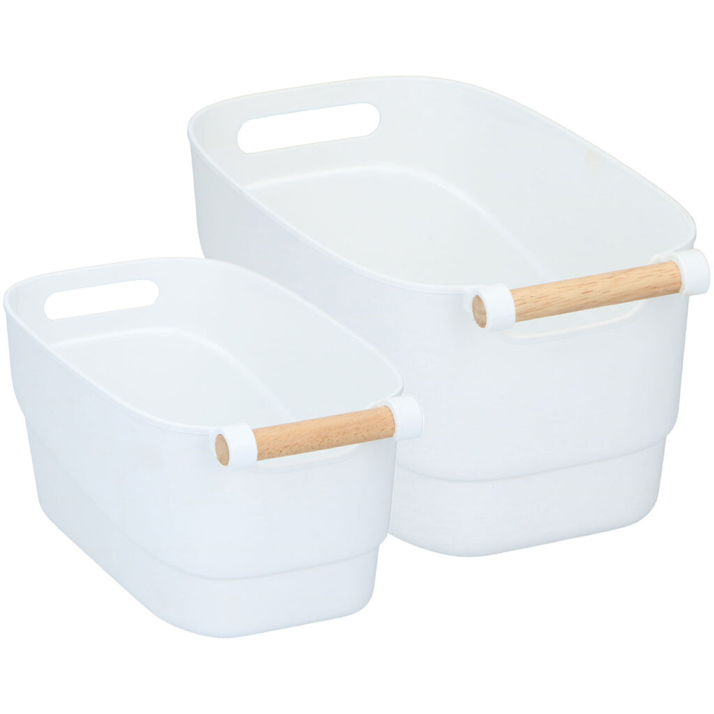 Aufbewahrungsboxen Set, 2 Grössen, Kunststoff mit Bambus-Griff, weiss Aufbewahrungsboxen Set, 2 Grössen, Kunststoff mit Bambus-Griff, weiss