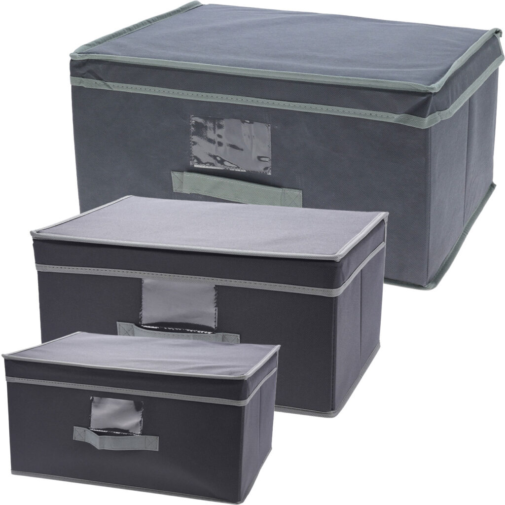 Aufbewahrungsboxen-Set in 3 Grössen mit Deckel & Henkel, faltbar Aufbewahrungsboxen-Set in 3 Grössen mit Deckel & Henkel, faltbar