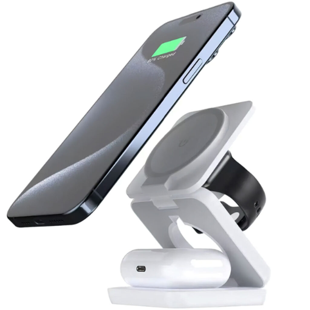 Faltbare 3in1 Ladestation für Apple Watch, iPhone und Airpods, kabellos, Magsafe Faltbare 3in1 Ladestation für Apple Watch, iPhone und Airpods, kabellos, Magsafe