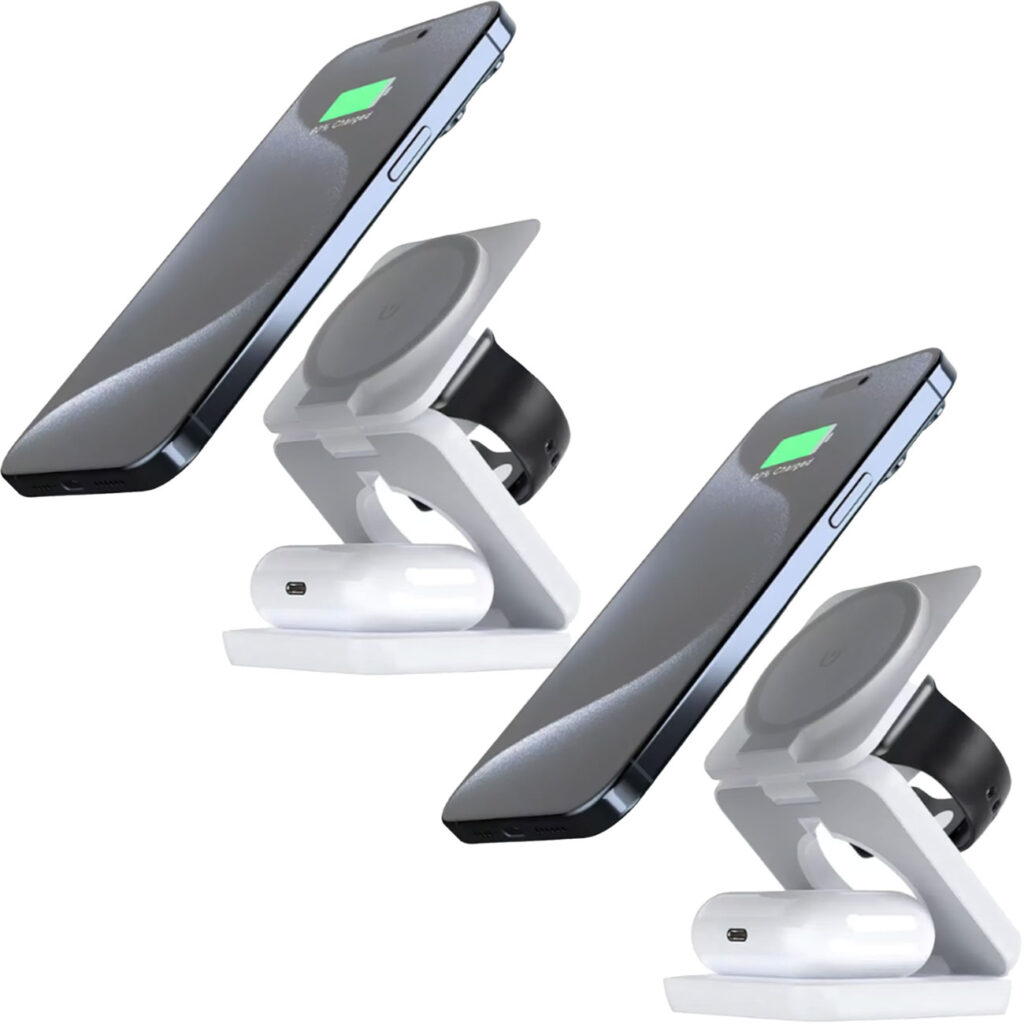 2er-Set Faltbare 3in1 Ladestation für Apple Watch, iPhone und Airpods, kabellos, Magsafe 2er-Set Faltbare 3in1 Ladestation für Apple Watch, iPhone und Airpods, kabellos, Magsafe
