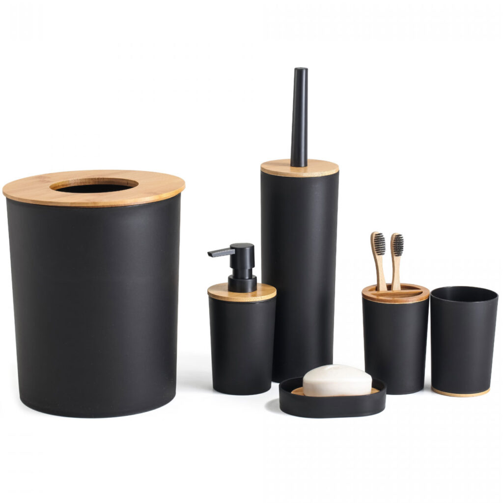 Badezimmer-Set, 6-teilig, matt-schwarz mit Bambus Badezimmer-Set, 6-teilig, matt-schwarz mit Bambus