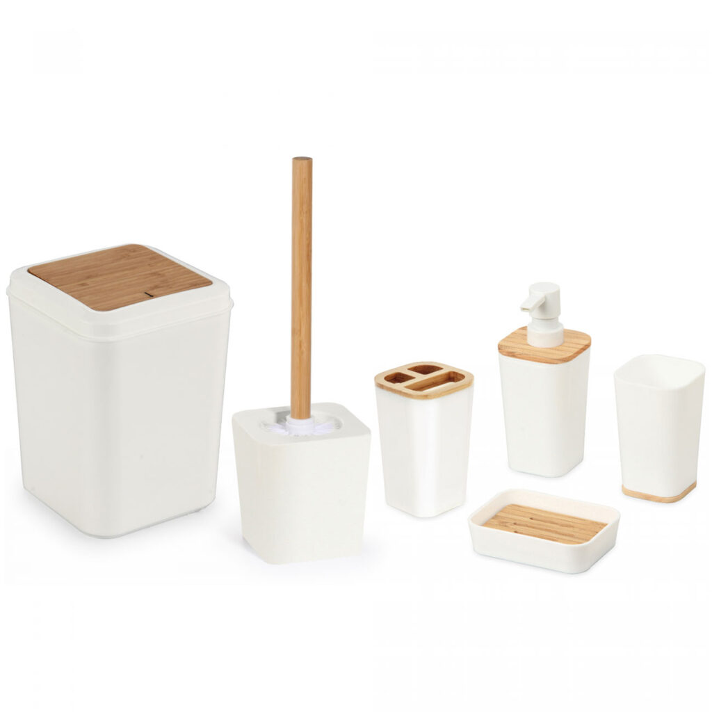 Badezimmer Zubehör Set, 6-teilig, weiss mit Bambus Badezimmer Zubehör Set, 6-teilig, weiss mit Bambus