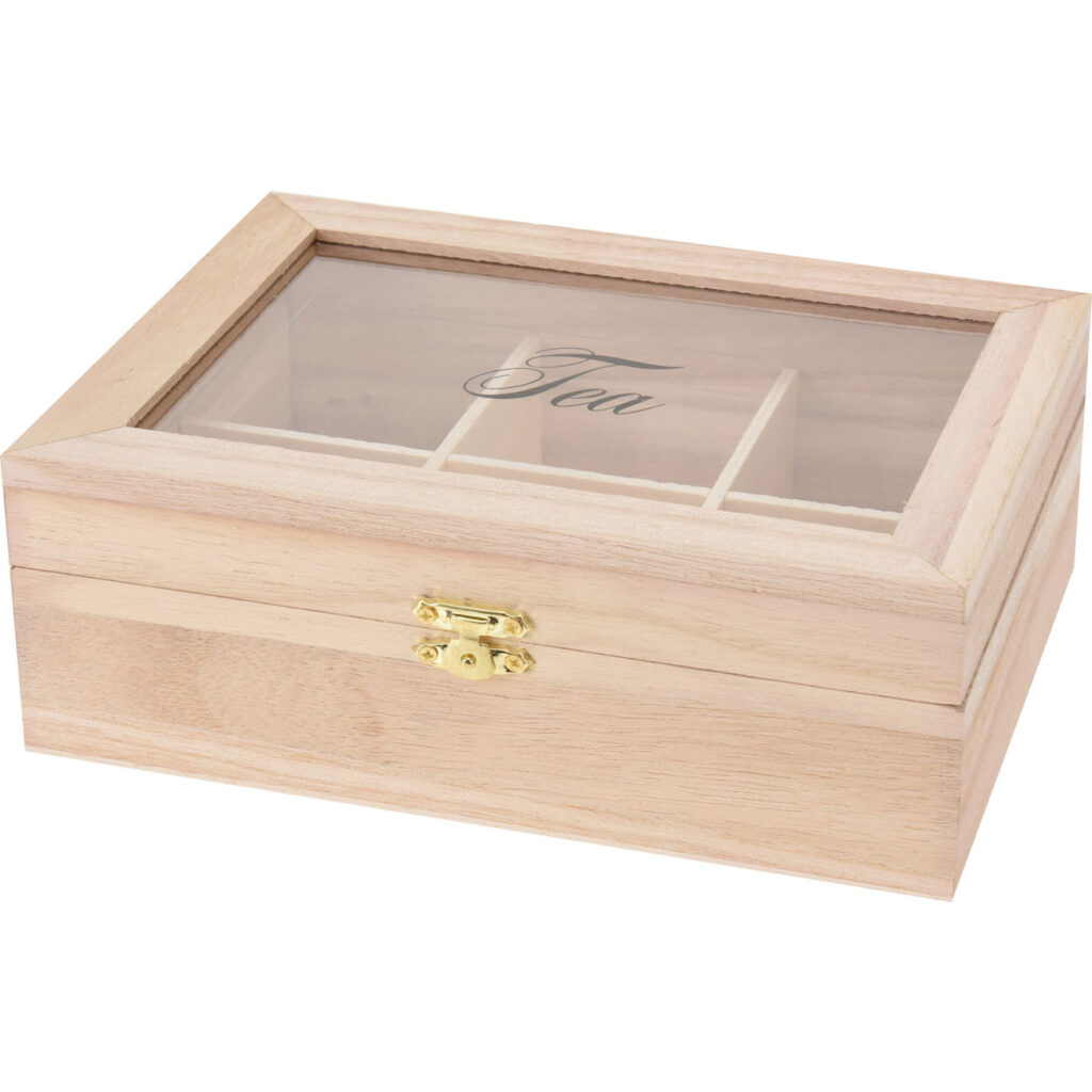 Teebeutelbox aus Holz mit 6 Fächern und transparentem Deckel Teebeutelbox aus Holz mit 6 Fächern und transparentem Deckel