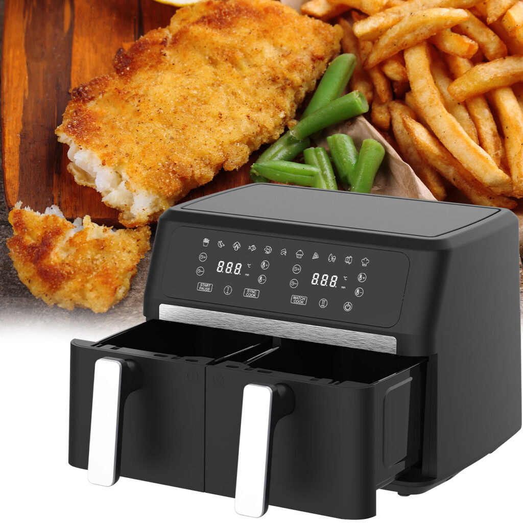 Dual-Heissluftfritteuse, 2x 4,5 L, 2400 Watt, 60°C-200°C Temperaturbereich Dual-Heissluftfritteuse, 2x 4,5 L, 2400 Watt, 60°C-200°C Temperaturbereich