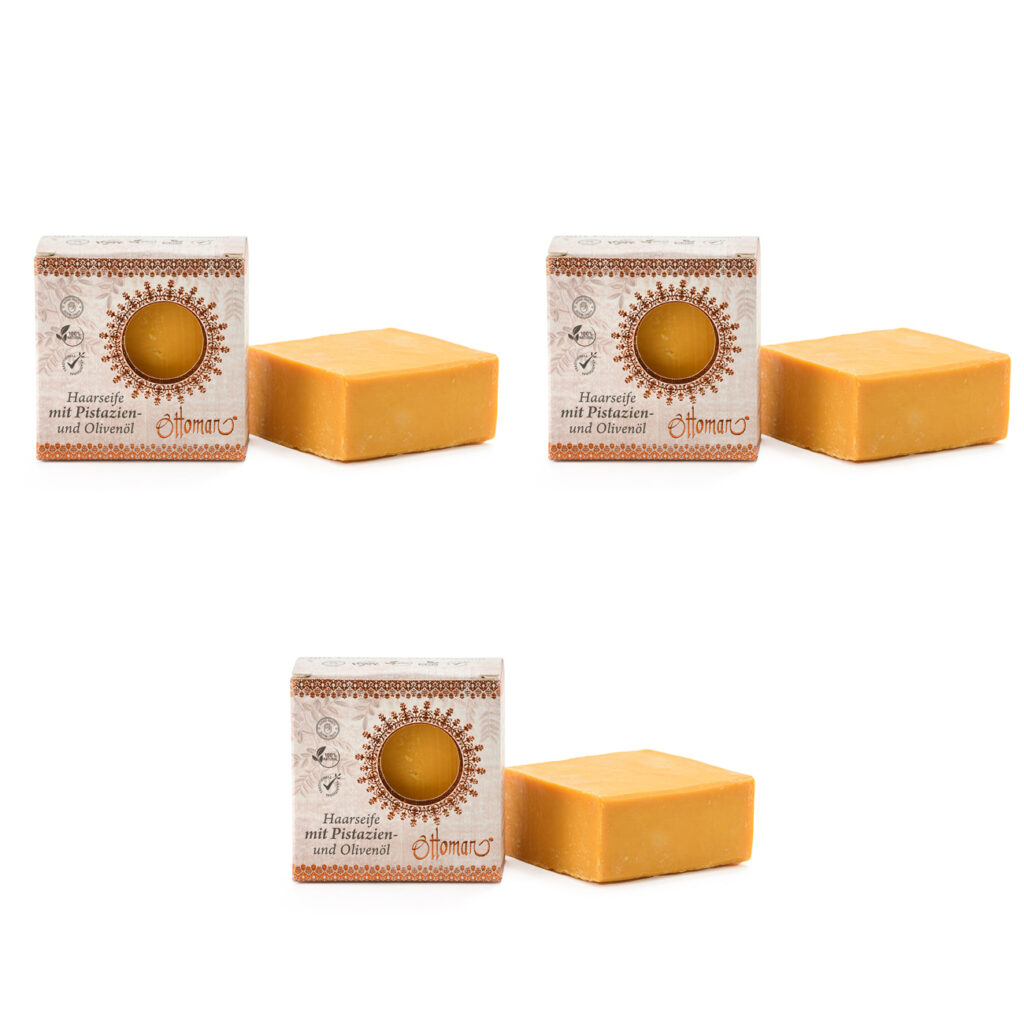 3er-Set Haarseife mit Pistazien- und Olivenöl, 100% natürliche Inhaltsstoffe, je 190g 3er-Set Haarseife mit Pistazien- und Olivenöl, 100% natürliche Inhaltsstoffe, je 190g
