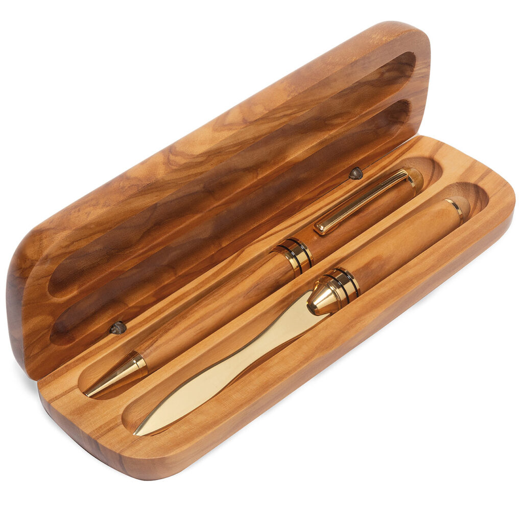 Elegante Holzbox mit Kugelschreiber & Brieföffner, 17 x 6 cm, Olivenholz Elegante Holzbox mit Kugelschreiber & Brieföffner, 17 x 6 cm, Olivenholz