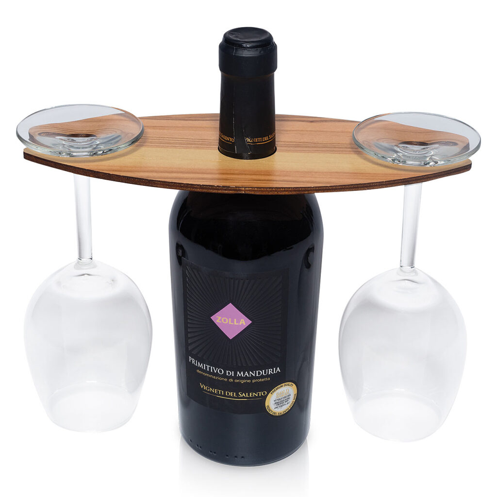 Wein-Caddy, Flaschenhalter für zwei Glas Wein, 25 x 11cm, Olivenholz Wein-Caddy, Flaschenhalter für zwei Glas Wein, 25 x 11cm, Olivenholz