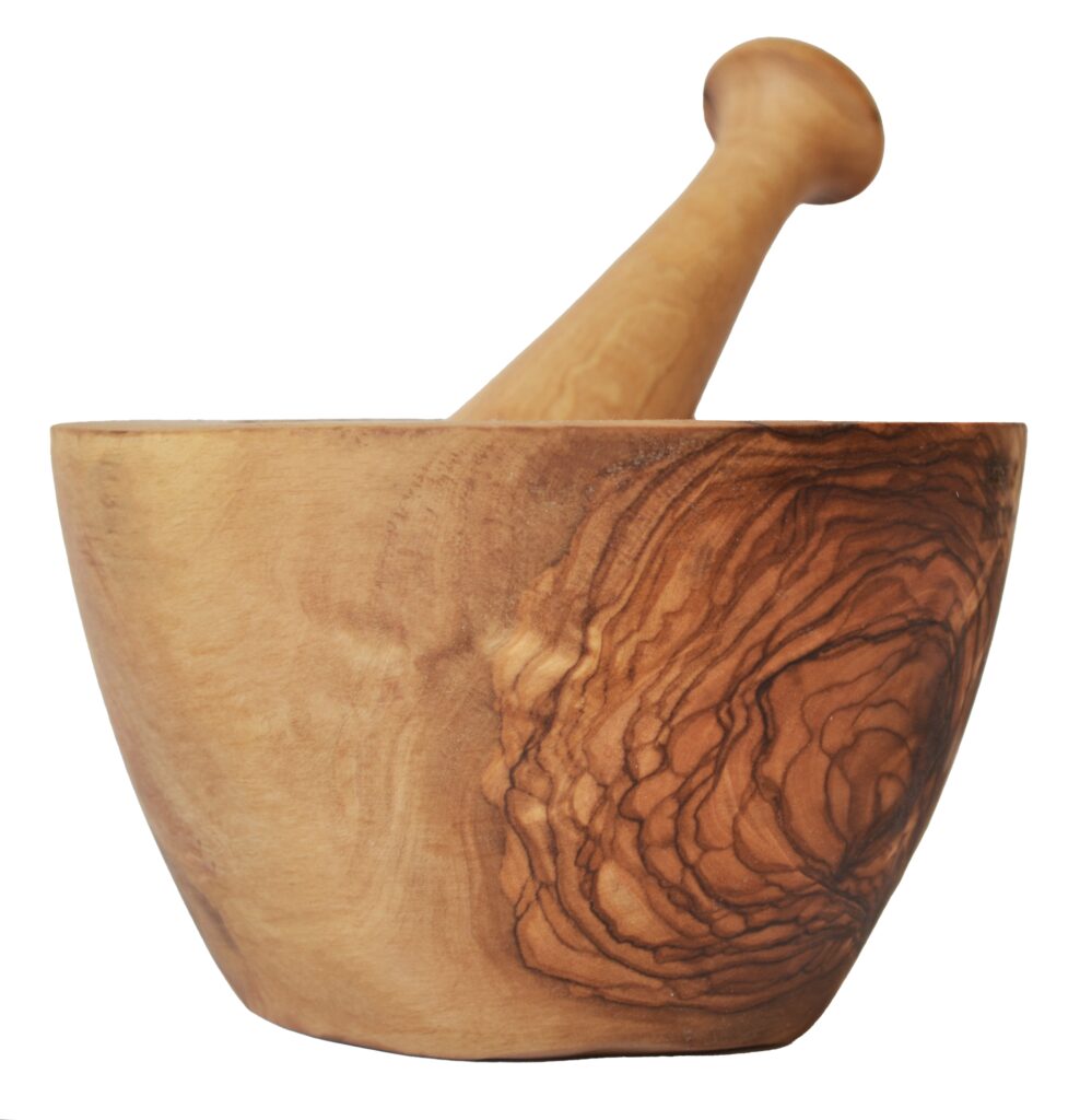 Edler Mörser mit Stössel aus Olivenholz, 13 x 13 cm Edler Mörser mit Stössel aus Olivenholz, 13 x 13 cm