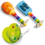 Musik-Set aus Eichenholz, mit Maracas, Rassel und Kastagnette