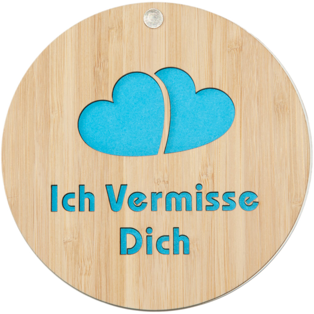 Grusskarte aus Bambus, Ich vermisse Dich, rund, blau, Klappkarte