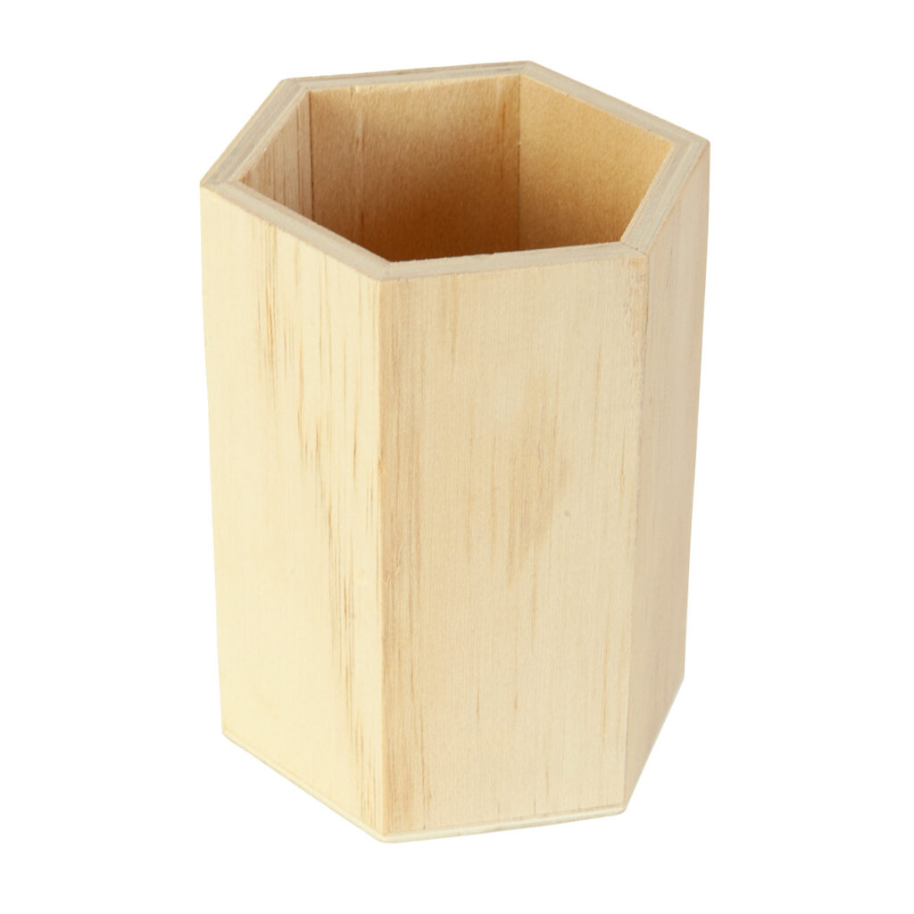 Stiftehalter aus Holz, sechseckig, natur, 10 x 8 cm Stiftehalter aus Holz, sechseckig, natur, 10 x 8 cm
