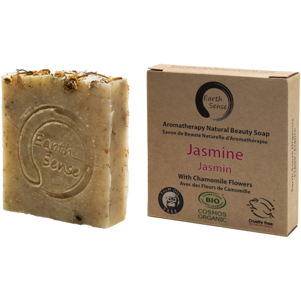 Handgemachte Bio-Seife mit Jasmin und Kamillenblüten, Naturseife ohne Palmöl, Vegan Handgemachte Bio-Seife mit Jasmin und Kamillenblüten, Naturseife ohne Palmöl, Vegan