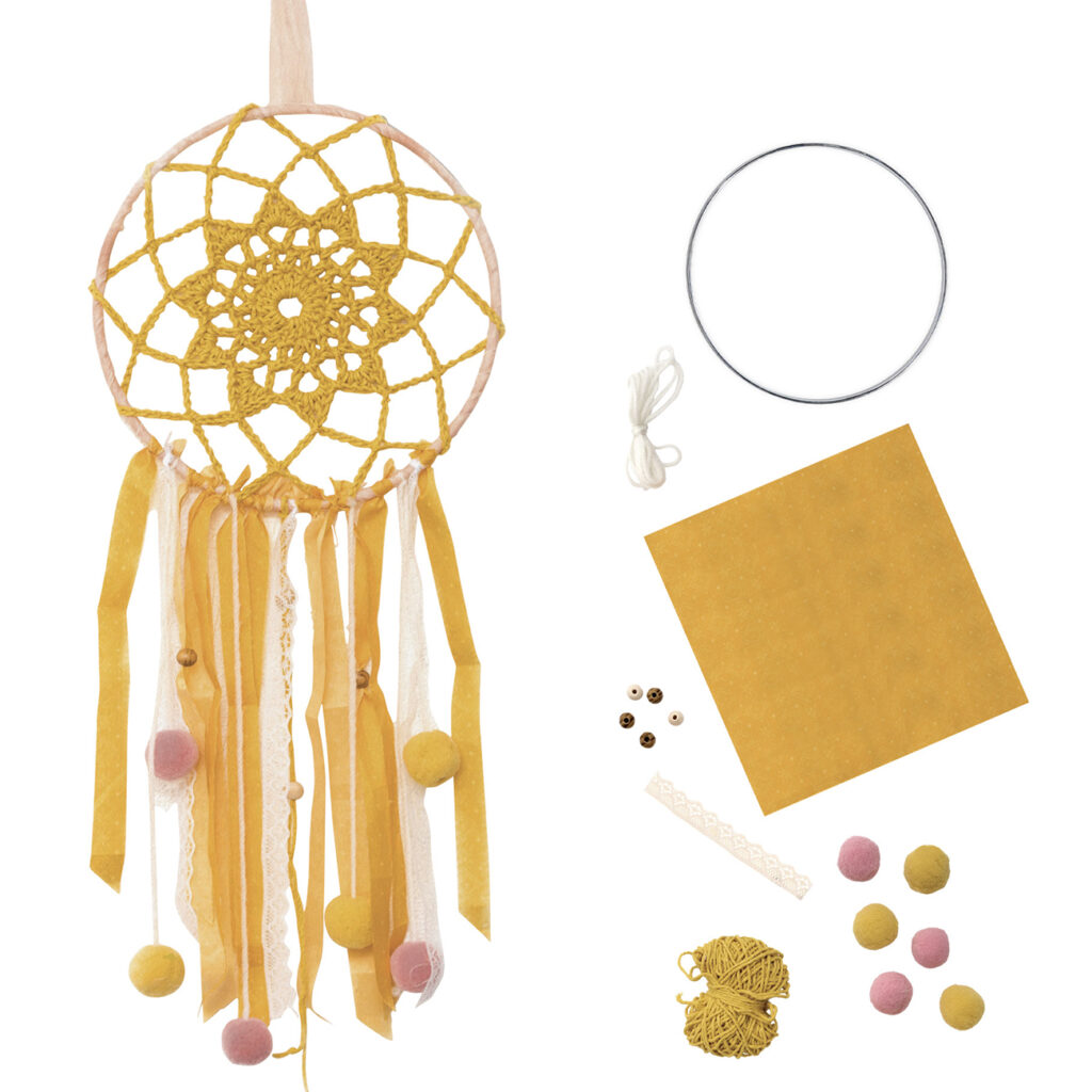 Komplett-Set Traumfänger zum Selbermachen, mit Anleitung, gelb, 60 cm Komplett-Set Traumfänger zum Selbermachen, mit Anleitung, gelb, 60 cm