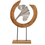 Aufsteller Ginkgoblatt aus Metall, mit Mangoholz, silber, braun, 28 x 46 x 6 cm