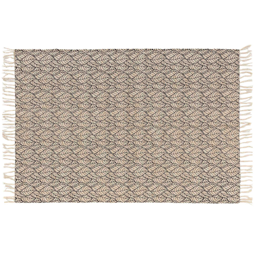 Rechteckiger Teppich mit Fransen, Baumwolle & Jute, Blattmuster, schwarz, braun, 120x170cm