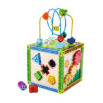 Spielecenter aus Birkenholz, Lernspielzeug Motorikschleife mit 4 Spielen, 20 x 20 x 37 cm