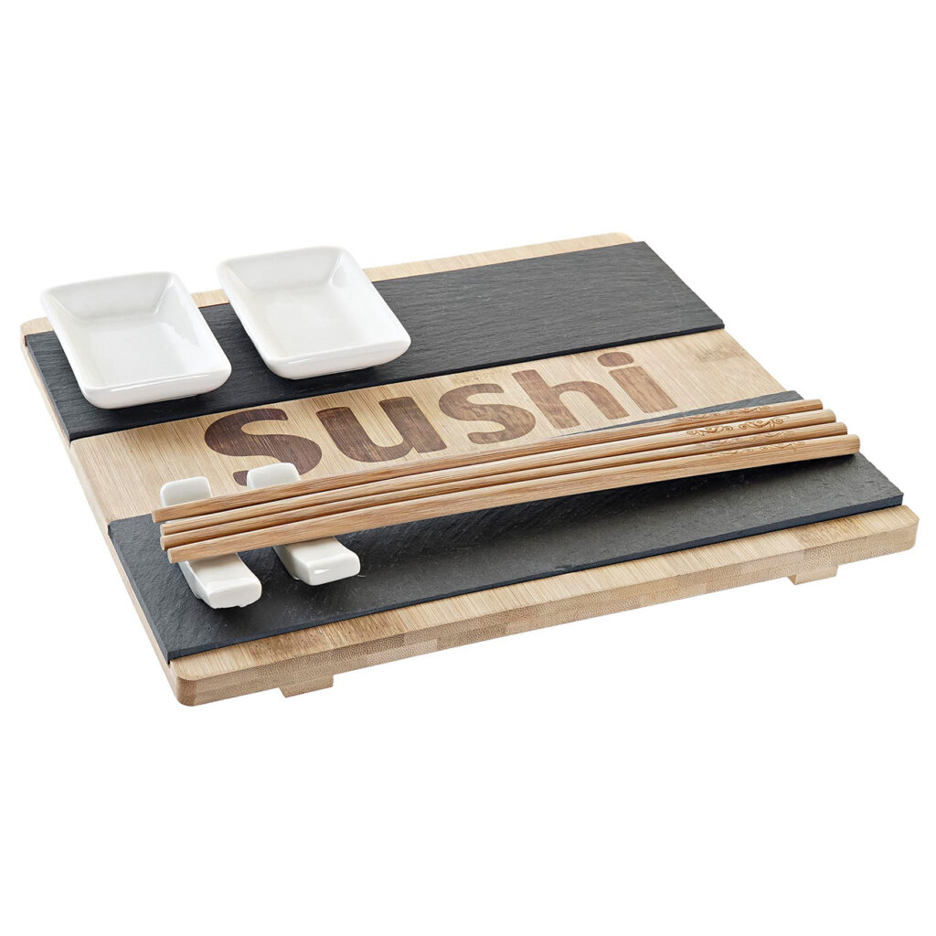 Sushi-Brett aus Holz und Schiefer, Servierplatte mit Aufschrift, braun, schwarz Sushi-Brett aus Holz und Schiefer, Servierplatte mit Aufschrift, braun, schwarz