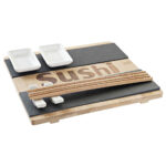 Sushi-Brett aus Holz und Schiefer, Servierplatte mit Aufschrift, braun, schwarz