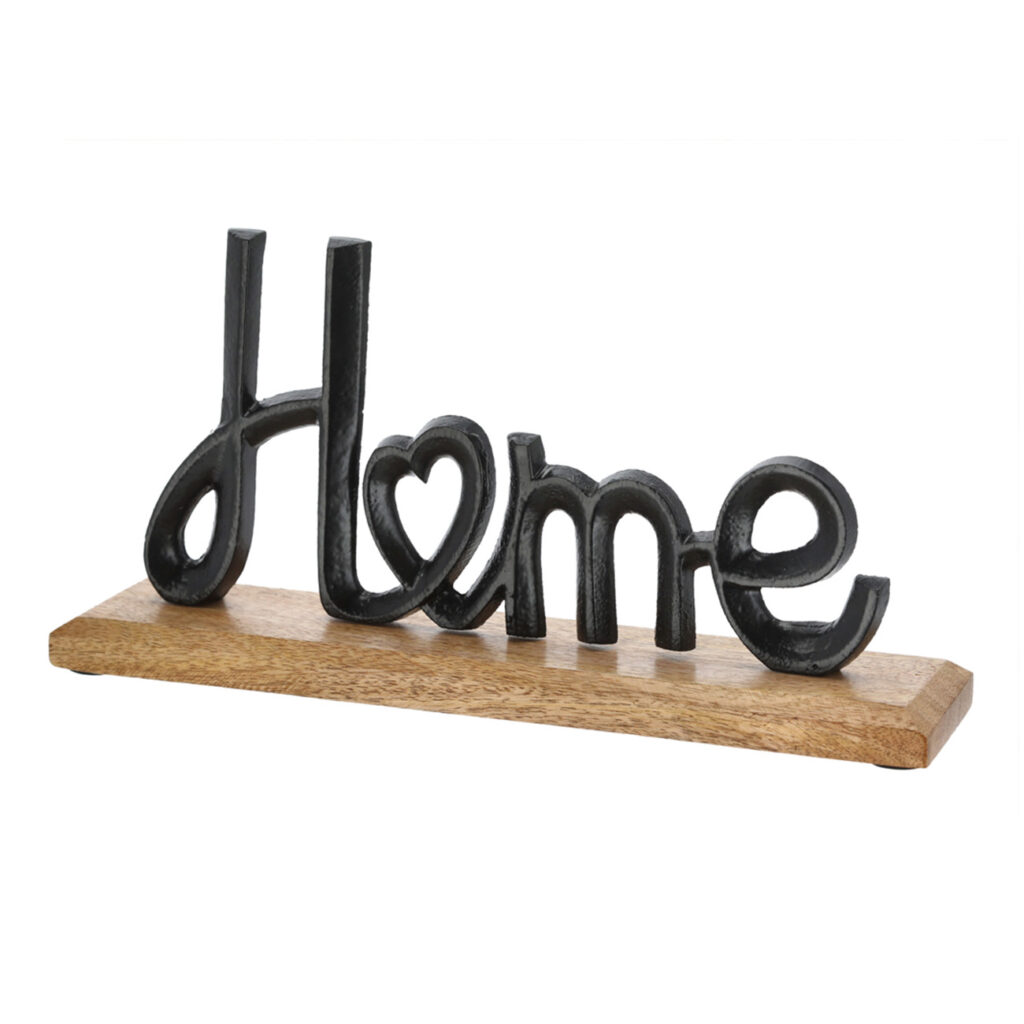 Schriftzug Home, Aufsteller Mangoholz und Aluminium, braun, schwarz, 30 x 15 x 6,5 cm Schriftzug Home, Aufsteller Mangoholz und Aluminium, braun, schwarz, 30 x 15 x 6,5 cm