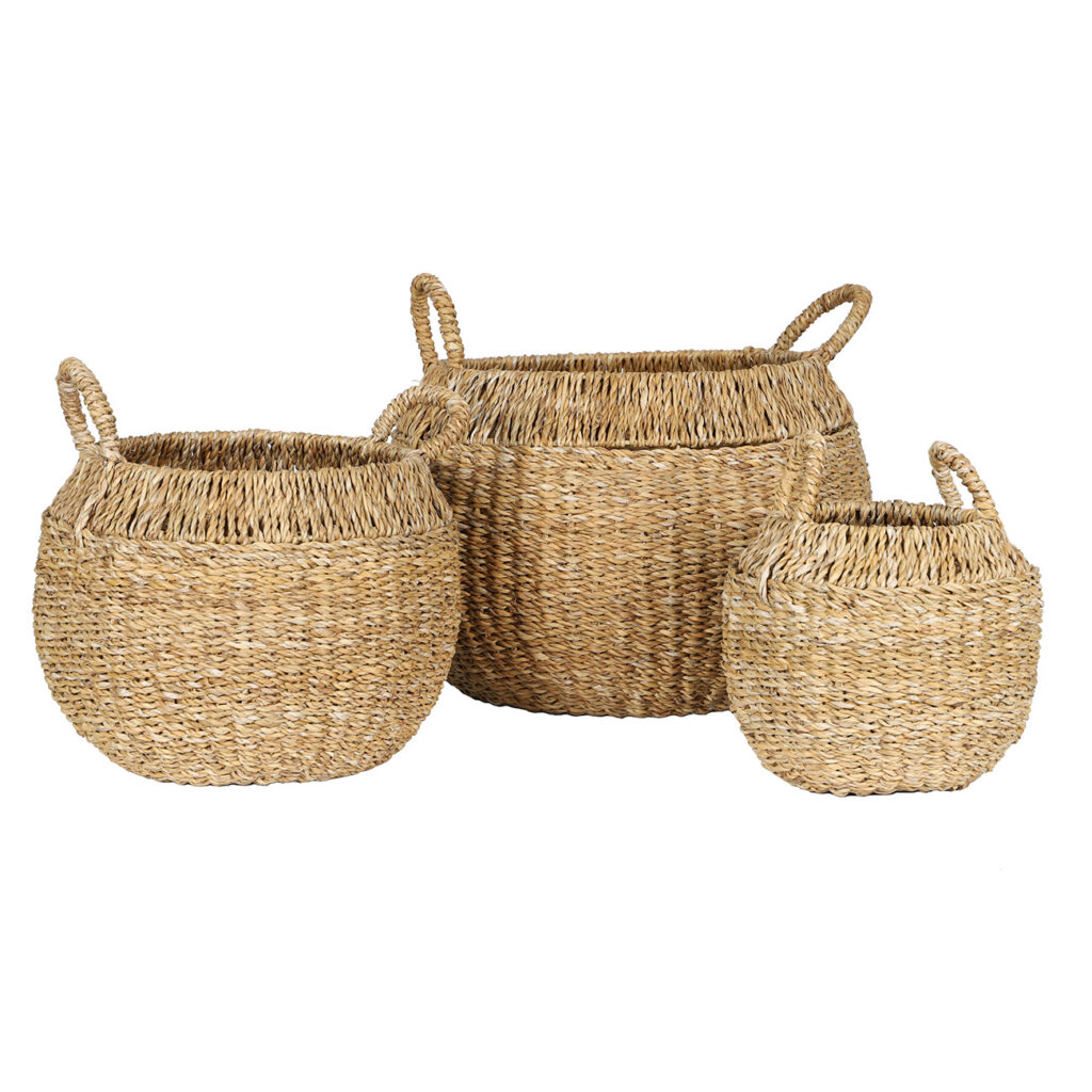 Körbe-Set 3-teilig aus Seegras, runde Körbe mit Henkel, verschiedene Grössen, braun Körbe-Set 3-teilig aus Seegras, runde Körbe mit Henkel, verschiedene Grössen, braun