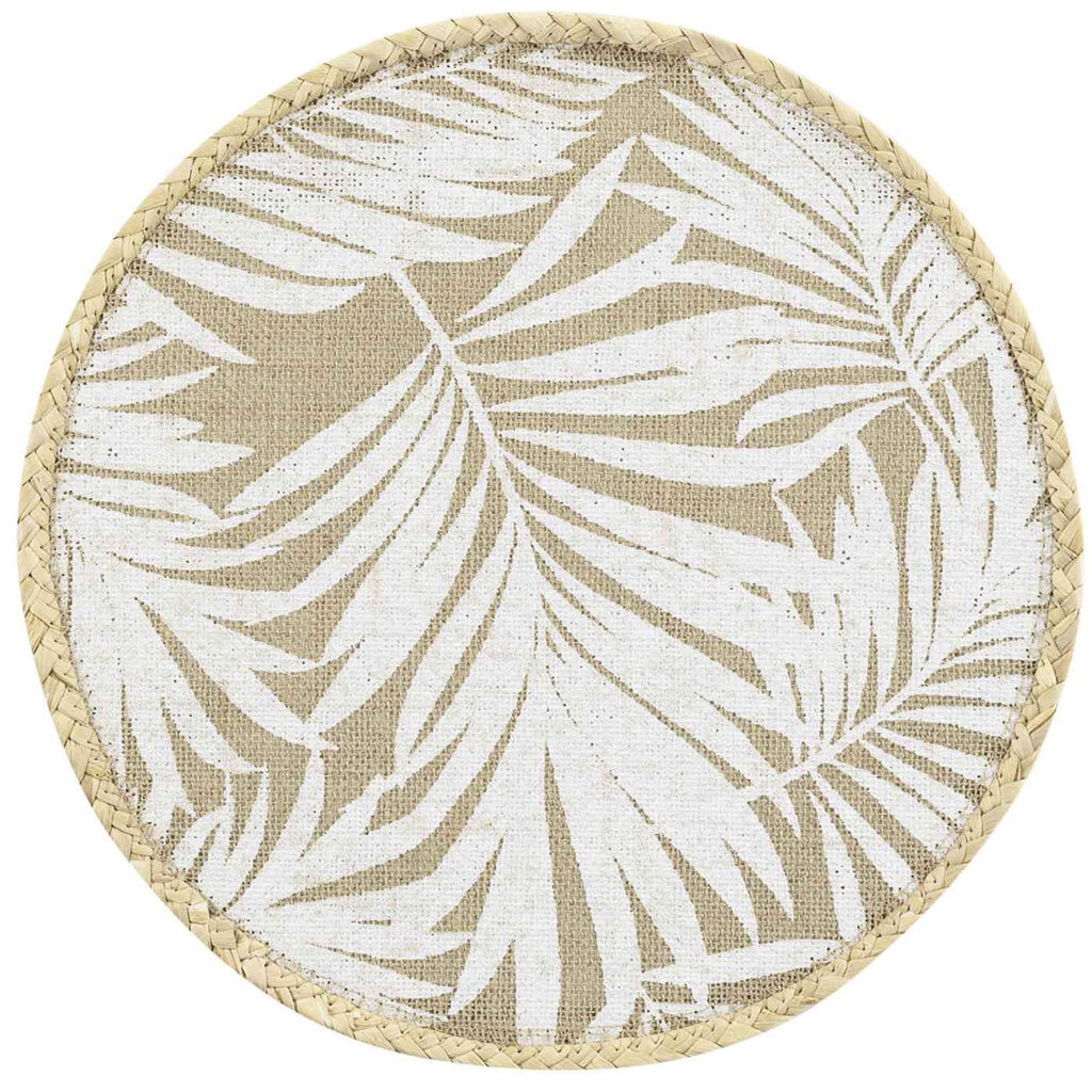 Tischset rund mit Blattmuster, Platzdeckchen aus Jute, braun, weiss, 38 x 38 cm Tischset rund mit Blattmuster, Platzdeckchen aus Jute, braun, weiss, 38 x 38 cm
