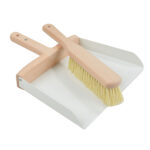Handfeger Set Metall und Holz, Kehrschaufel mit Handbesen, weiss, braun, 31 x 24 x 7 cm