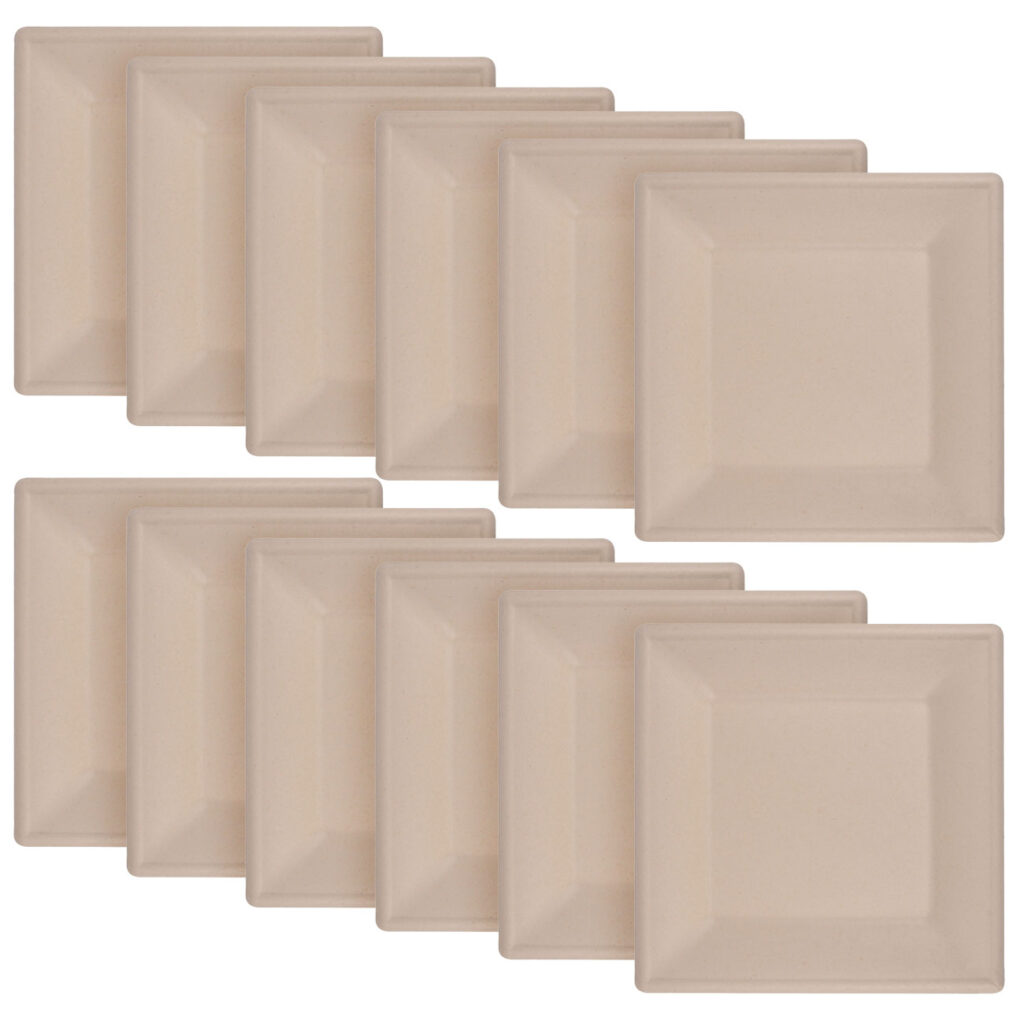 Teller eckig aus Zuckerrohr 12er-Set, Teller biologisch abbaubar, 15 x 15 cm Teller eckig aus Zuckerrohr 12er-Set, Teller biologisch abbaubar, 15 x 15 cm