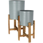 Pflanzgefässe grau auf Holzständer, 2er Set, Blumentöpfe, Ø 31,5 und Ø 29 cm