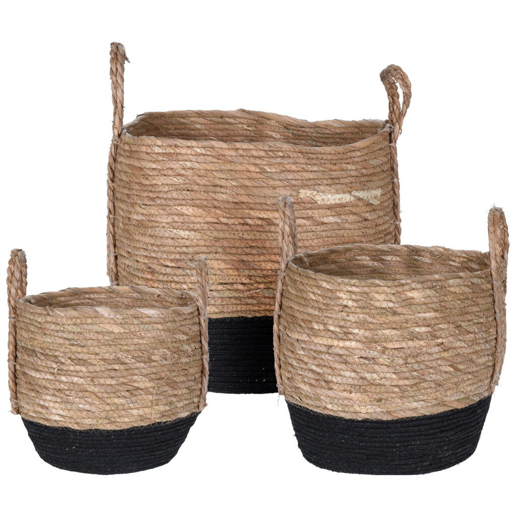 Strohkörbe im 3er-Set, geflochtene Aufbewahrungskörbe, schwarz/natur Strohkörbe im 3er-Set, geflochtene Aufbewahrungskörbe, schwarz/natur