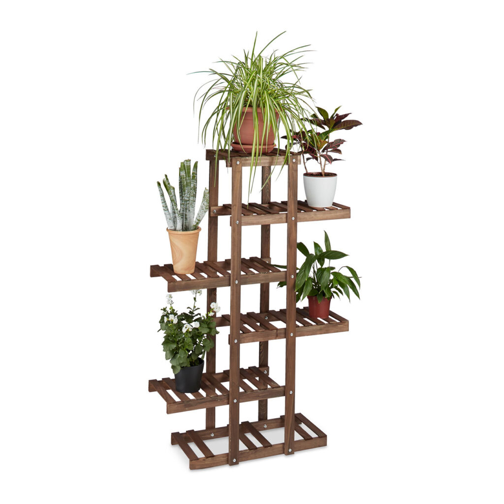 Blumenregal aus Tannenholz, Pflanzenständer mit 5 Ebenen, 125 x 81 x 25 cm, dunkelbraun Blumenregal aus Tannenholz, Pflanzenständer mit 5 Ebenen, 125 x 81 x 25 cm, dunkelbraun